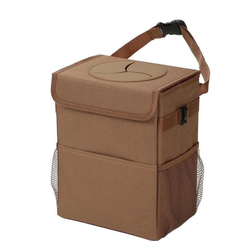 AOKJOY Car Garbage can with lid Leak Proof Vehicle Trash Can 3 Storage Pockets Hanging Waterproof car Trash Bag for SUV Brown - Image 1